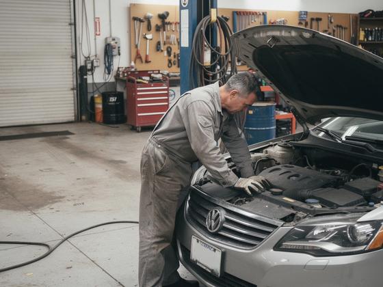 Mechanic working in a partner garage with tools and an open service bay
